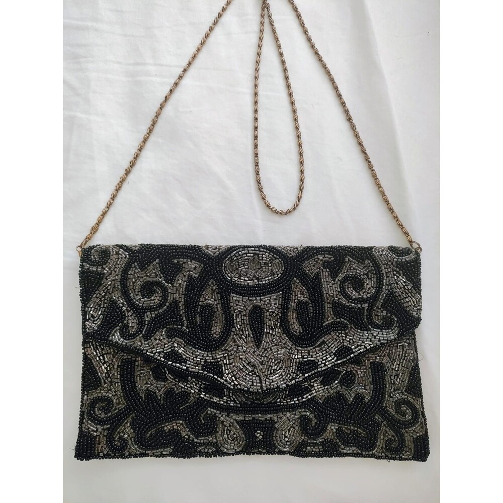 Black & Silver Hand Beaded Evening Clutch Bag Chain Strap Vintage Style